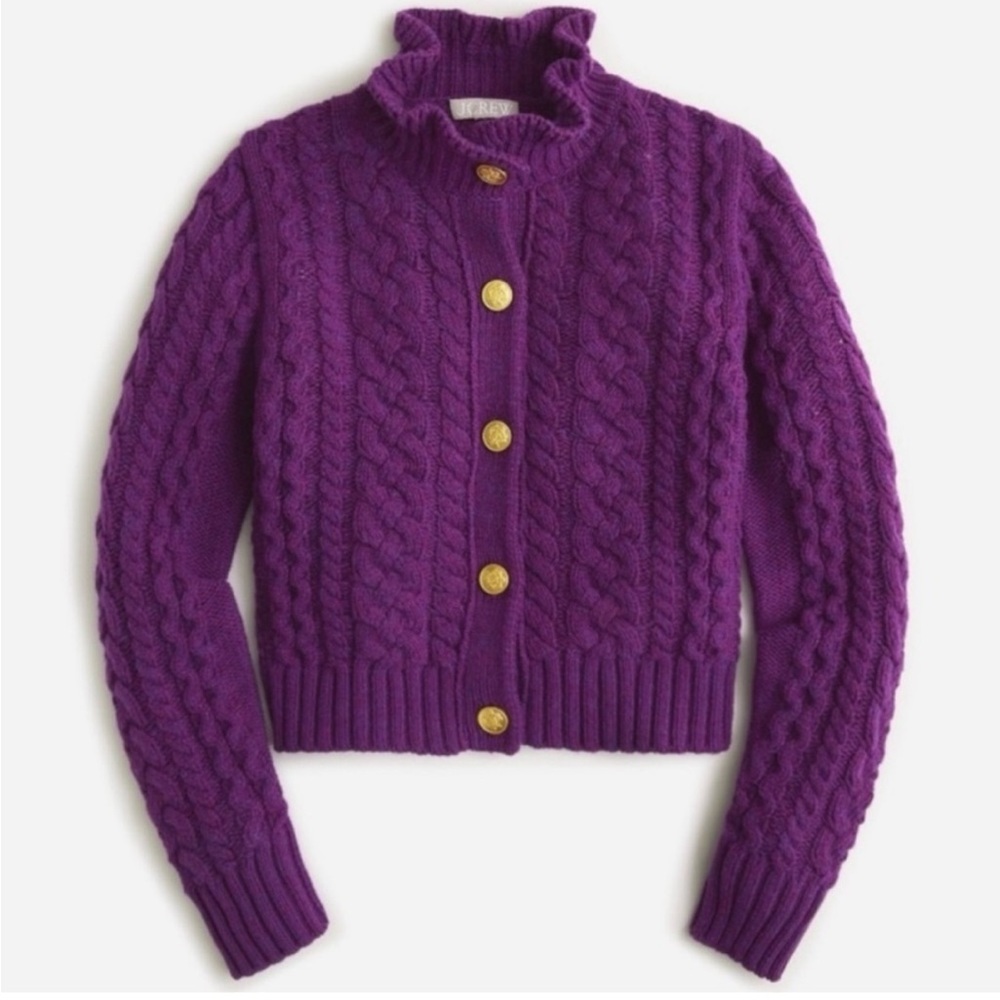 J Crew Cable Knit Ruffleneck Cardigan Sweater